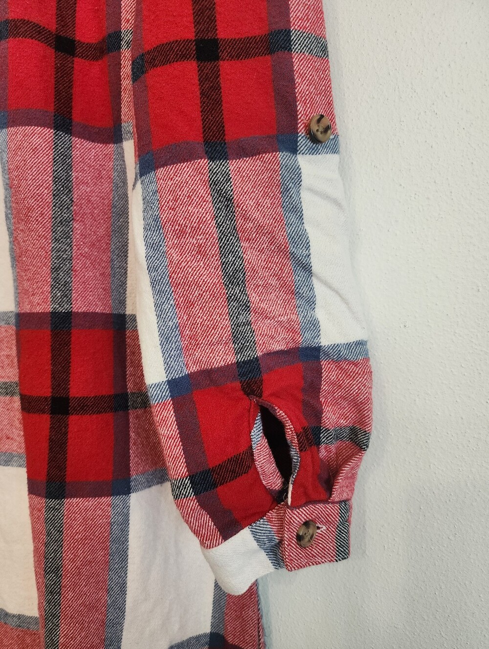 Plaid Flannel Dress Duster Button Down Long Sleeve Red White Med Dizzy Lizzy - Picture 7 of 15